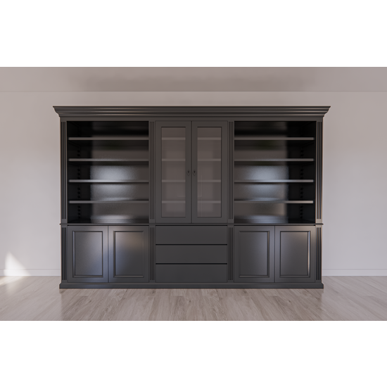 123schrank Bücherregal Amalfi - 320x40x220H cm - verstellbare Einlegeböden - Schranktüren - 4 push-to-open Türen - 3 grifflose Schubladen