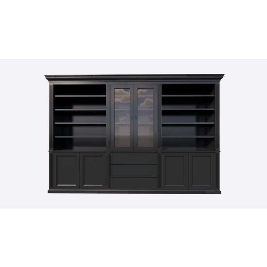 123schrank Bücherregal Amalfi - 320x40x220H cm - verstellbare Einlegeböden - Schranktüren - 4 push-to-open Türen - 3 grifflose Schubladen