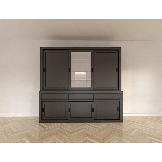 123schrank Buffetschrank Yellowstone - 240x50x220H cm - 2 geschlossene Schiebetüren - 1 jungfräuliche Aufreißtür - 3 grifflose Schubladen - schlichte Zierleisten.