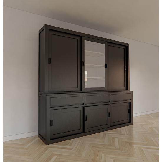 123schrank Buffetschrank Yellowstone - 240x50x220H cm - 2 geschlossene Schiebetüren - 1 jungfräuliche Aufreißtür - 3 grifflose Schubladen - schlichte Zierleisten.