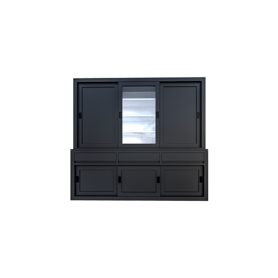 123schrank Buffetschrank Yellowstone - 240x50x220H cm - 2 geschlossene Schiebetüren - 1 jungfräuliche Aufreißtür - 3 grifflose Schubladen - schlichte Zierleisten.