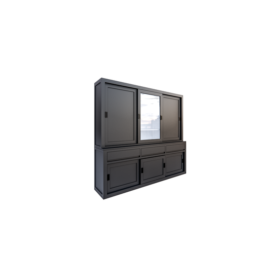 123schrank Buffetschrank Yellowstone - 240x50x220H cm - 2 geschlossene Schiebetüren - 1 jungfräuliche Aufreißtür - 3 grifflose Schubladen - schlichte Zierleisten.