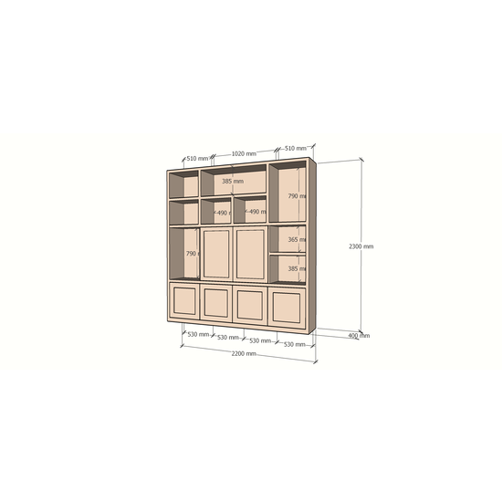 123schrank Lagerschrank Salvador - 220x40x230H cm - offene Fachböden - 6 aufschiebbare Türen - Fachböden hinter den Türen