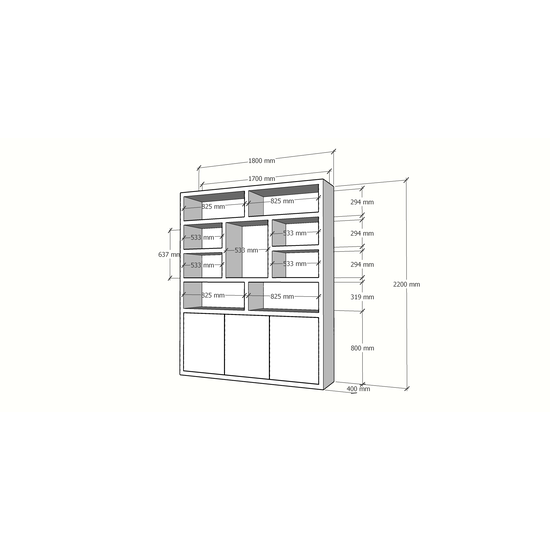 123schrank Cinque Regal - 180x40x220H cm - grifflose Push-to-Open-Türen - offene Regale - schlankes Design - 5cm Bodenstärke