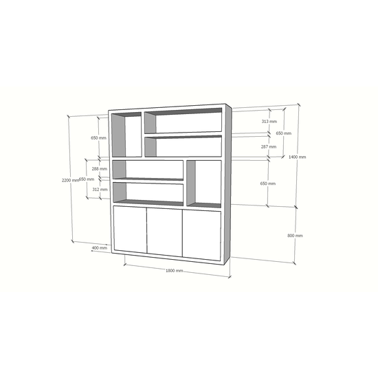123schrank Fächerschrank Japan - 180x40x220H cm - 3 grifflose Push-to-Open-Türen - offener Schrank - Stick-Design - 5cm Fachbodenstärke