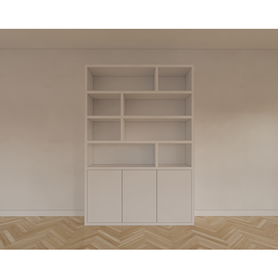 123schrank Bücherregal Mendoza 03 - 150x35x220H cm - 3 Türen zum Aufschieben - 8 offene Fächer