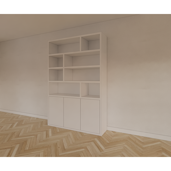 123schrank Bücherregal Mendoza 03 - 150x35x220H cm - 3 Türen zum Aufschieben - 8 offene Fächer