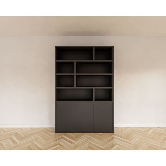 123schrank Bücherregal Mendoza 03 - 150x35x220H cm - 3 Türen zum Aufschieben - 8 offene Fächer