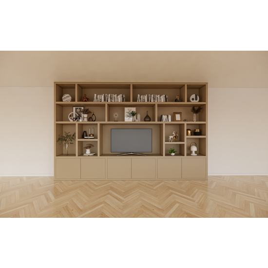 123schrank Osaka Fächerschrank - 400x40x255H cm - 15 offene Fächer - 6 push-to-open Türen - Cinewall - TV-Fach - schlankes Design - zerlegbar - 5cm Bodenstärke