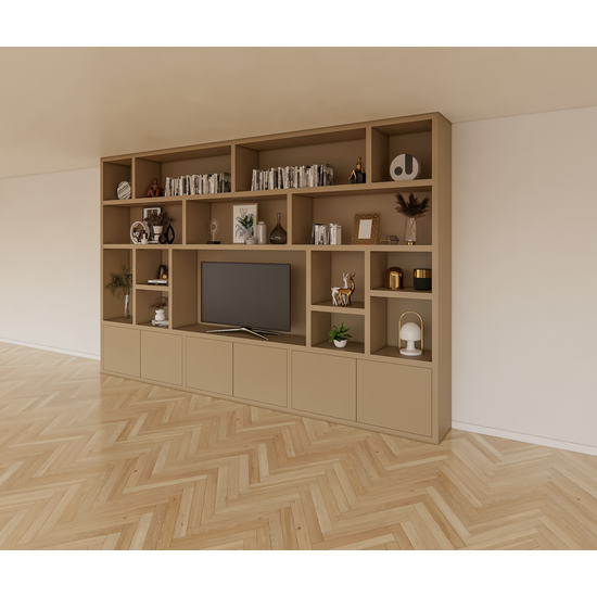 123schrank Osaka Fächerschrank - 400x40x255H cm - 15 offene Fächer - 6 push-to-open Türen - Cinewall - TV-Fach - schlankes Design - zerlegbar - 5cm Bodenstärke