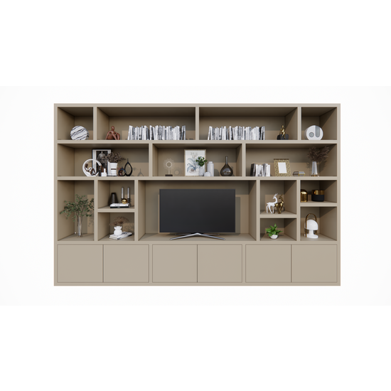 123schrank Osaka Fächerschrank - 400x40x255H cm - 15 offene Fächer - 6 push-to-open Türen - Cinewall - TV-Fach - schlankes Design - zerlegbar - 5cm Bodenstärke