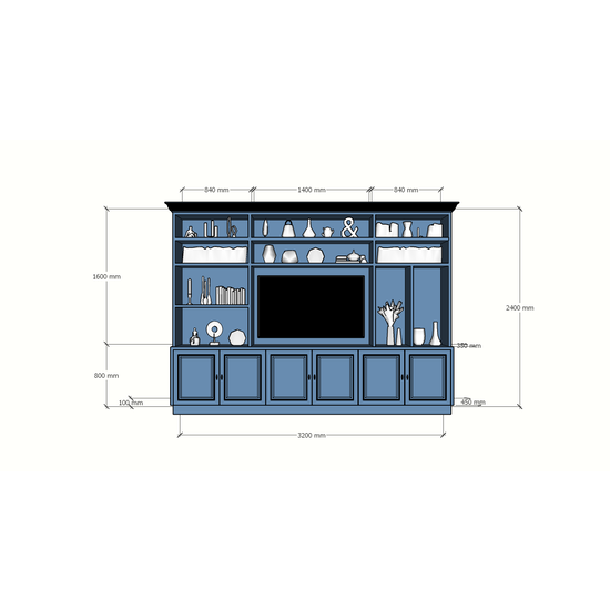 123schrank Fernsehschrank Nara - 320x45/35x240H cm - 11 offene Fächer - 6 Türen