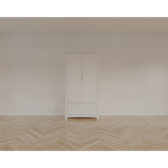 123schrank Kinderkleiderschrank Slawi - 90x50x180H cm - auf Beinen - 2 Flügeltüren - verstellbare Einlegeböden und Hängeteil - 1 Soft-Close-Schublade