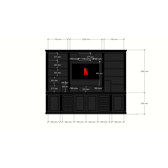 123schrank TV-Regal Victoria - 300x40x240H cm - mit Cinewall - verstellbare Einlegeböden - mit Kabeldurchlass im TV-Fach