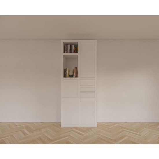 123schrank Fächerschrank Mafra 02 - 100x40x240H cm - 6cm Fachbodenstärke - geschlossene Türen im Oberschrank - mit 3 Push-to-open-Schubladen