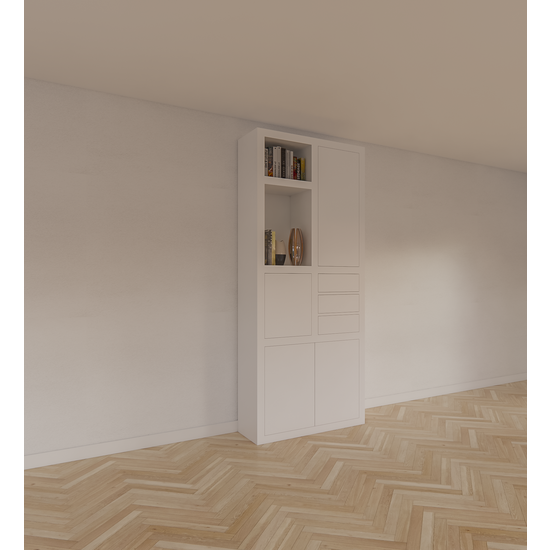 123schrank Fächerschrank Mafra 02 - 100x40x240H cm - 6cm Fachbodenstärke - geschlossene Türen im Oberschrank - mit 3 Push-to-open-Schubladen