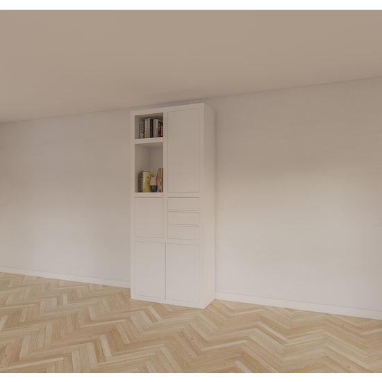 123schrank Fächerschrank Mafra 02 - 100x40x240H cm - 6cm Fachbodenstärke - geschlossene Türen im Oberschrank - mit 3 Push-to-open-Schubladen