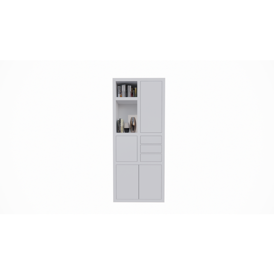 123schrank Fächerschrank Mafra 02 - 100x40x240H cm - 6cm Fachbodenstärke - geschlossene Türen im Oberschrank - mit 3 Push-to-open-Schubladen