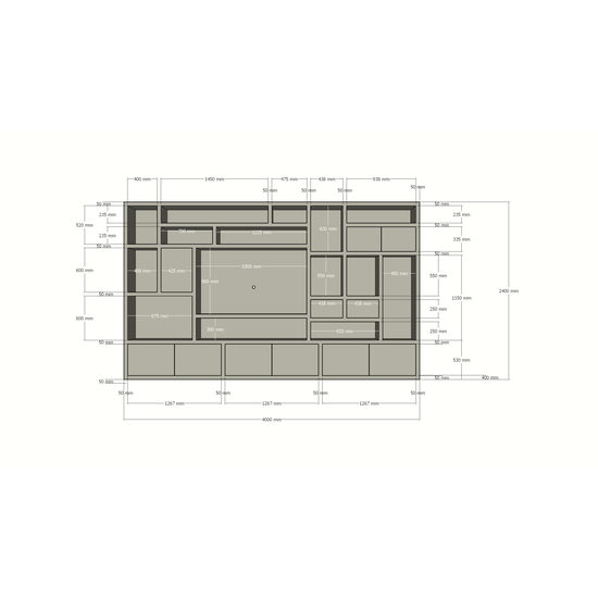 123schrank Regal Vasto - 400x40x240H cm - Cinewall- push to open Türen 5cm Bodenstärke
