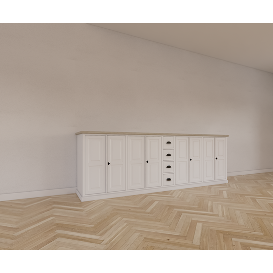 123schrank Sideboard Fernie - 260x50x90H cm - mit Eichenplatte - 8 Flügeltüren - 4 Schubladen