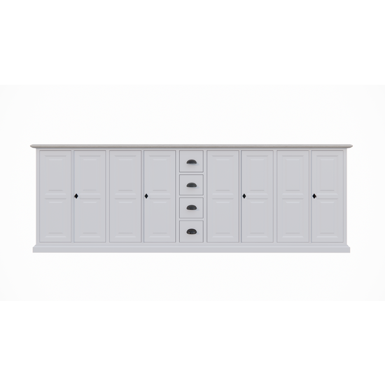 123schrank Sideboard Fernie - 260x50x90H cm - mit Eichenplatte - 8 Flügeltüren - 4 Schubladen