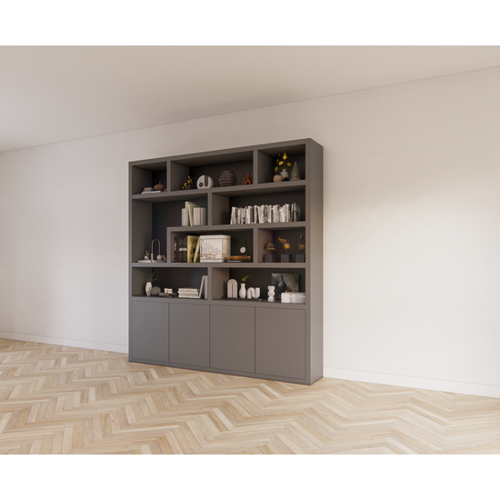 123schrank Regal Yukon - 227x50x240H cm - 5cm Regalstärke - schlankes Design - offene Regale - push to open Türen