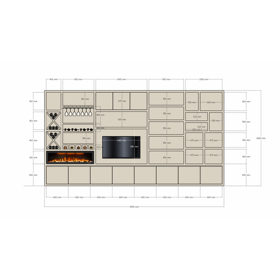 123schrank Marle Fachschrank - 490x40x260H - (Preis auf Anfrage) - Kamin - Weinregal - push to open Türen - 5cm Fachbodenstärke