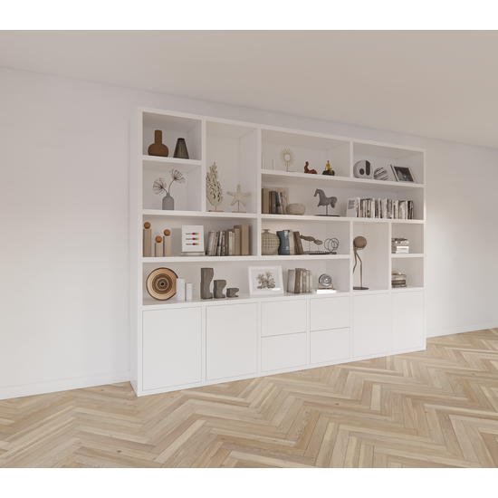 123schrank Helston Regal - 328x40x234H cm - 4 Push-to-open-Türen - 4 Push-to-open-Schubladen - schlichte Ausführung