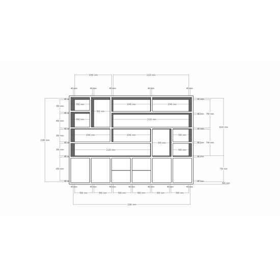 123schrank Helston Regal - 328x40x234H cm - 4 Push-to-open-Türen - 4 Push-to-open-Schubladen - schlichte Ausführung