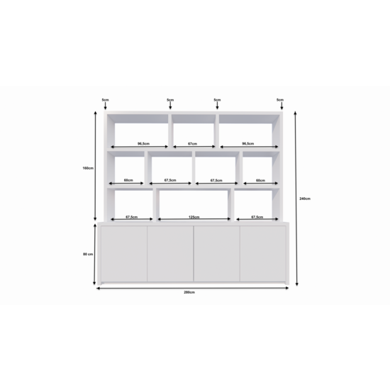 123schrank Fächerschrank Corsica - 280x20/40x240H cm - 5cm Fachbodenstärke - push-to-open Türen - offene Fächer - ohne Rückwand - schlichte Ausführung
