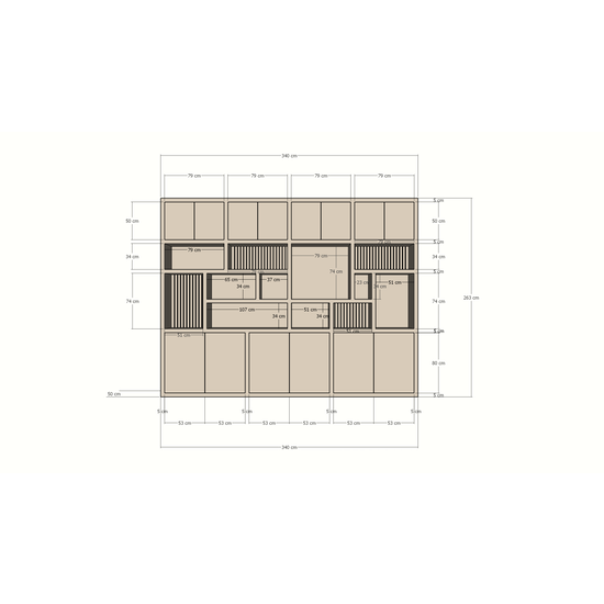 123schrank Kleiderschrank Karumba - 340x50x263H cm - geschlossene Türen - offene Fächer - Eichenpaneele - schlichte Ausführung