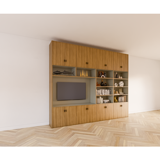 123schrank Aufbewahrungsschrank Nome - 300x40x250H cm - geschlossene Türen - offene Fächer - mit Eiche außen