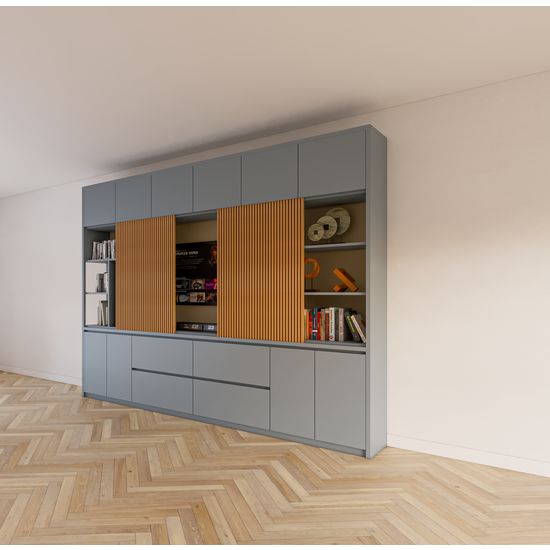 123schrank Fächerschrank Maputo - 320x40x240H cm - Eichenpaneele - Push-to-open-Türen - schlichte Ausführung