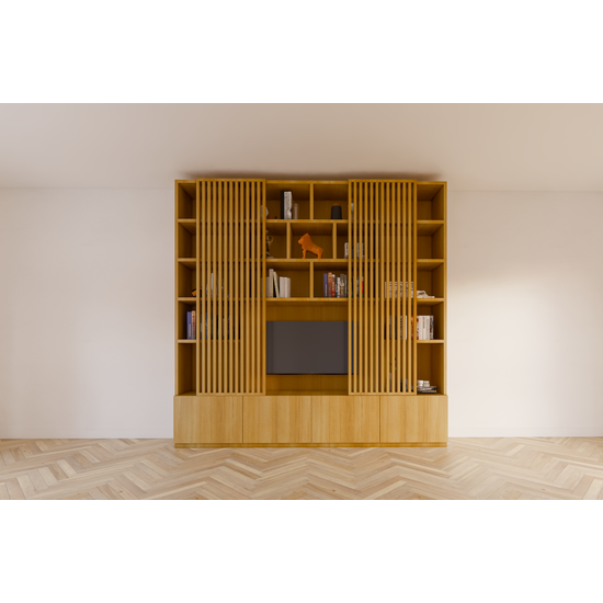 123schrank TV-Schrank Pinoso - 260x40x255H cm - Eiche - Paneeltüren - offene Einlegeböden - schlichte Ausführung