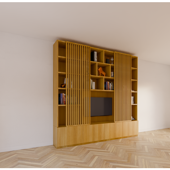 123schrank TV-Schrank Pinoso - 260x40x255H cm - Eiche - Paneeltüren - offene Einlegeböden - schlichte Ausführung