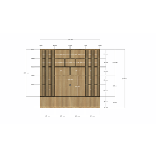 123schrank TV-Schrank Pinoso - 260x40x255H cm - Eiche - Paneeltüren - offene Einlegeböden - schlichte Ausführung