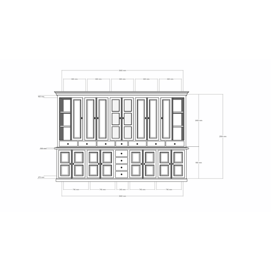 123schrank Buffetschrank Sligo - 360x50x250H cm - geschlossene Türen - Glastüren - offene Regale