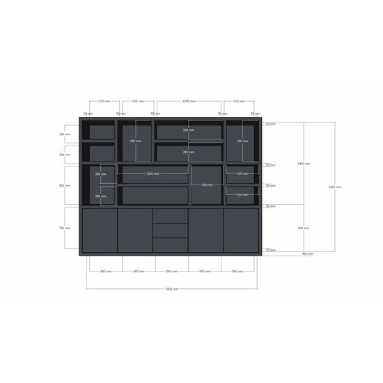123schrank Tolosa Fächerschrank - 290x46x240H cm - offene Fächer - schlankes Design - push-to-open Schubladen und Türen