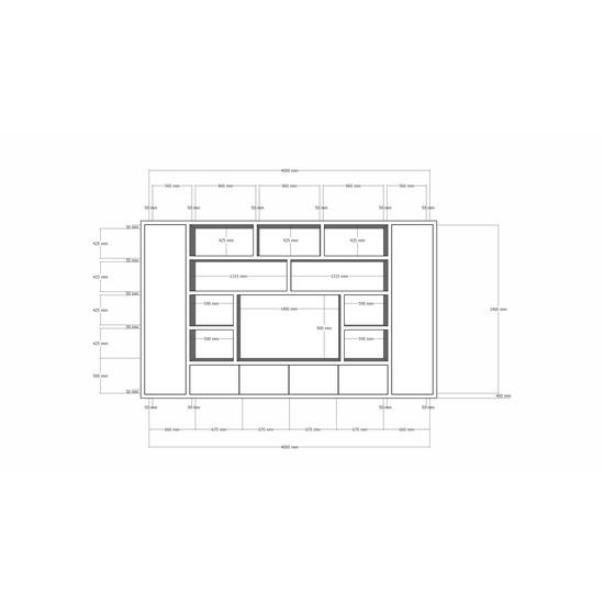 123schrank Kommode Austin - 400x40x240H cm - schlankes Design - geschlossene push-to-open Türen - offene Einlegeböden