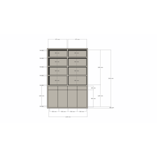 123schrank Regal Pavia - 210x40x310H cm - offene Regale - Schubladen und Türen zum Aufschieben