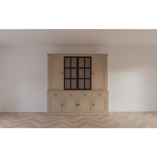 123schrank Buffetschrank Montana 05 - 220x46x220H cm - geschlossene Türen - 2 Stahltüren - schlichtes Design - schwarze Griffe - 4 Soft-Close-Schubladen