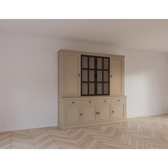 123schrank Buffetschrank Montana 05 - 220x46x220H cm - geschlossene Türen - 2 Stahltüren - schlichtes Design - schwarze Griffe - 4 Soft-Close-Schubladen