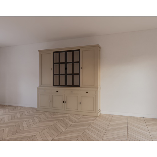 123schrank Buffetschrank Montana 05 - 220x46x220H cm - geschlossene Türen - 2 Stahltüren - schlichtes Design - schwarze Griffe - 4 Soft-Close-Schubladen