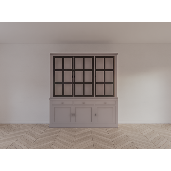 123schrank Buffetschrank Montana 03 - 200x46x220H cm - 3 Stahltüren - schlankes Design - schwarze Griffe - 3 Soft-Close-Schubladen