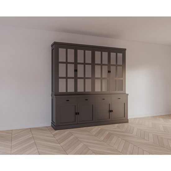 123schrank Buffetschrank Montana 04 - 220x46x220H cm - 4 Stahltüren - schlankes Design - schwarze Griffe - 4 Schubladen mit Soft Close