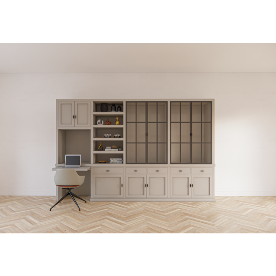 123schrank Schreibtisch-Sideboard Kansas - 340x50x220H cm - mit Stahltüren - Schreibtischfach mit ausziehbarem Fachboden - offenes Bücherregal