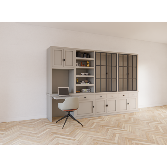 123schrank Schreibtisch-Sideboard Kansas - 340x50x220H cm - mit Stahltüren - Schreibtischfach mit ausziehbarem Fachboden - offenes Bücherregal