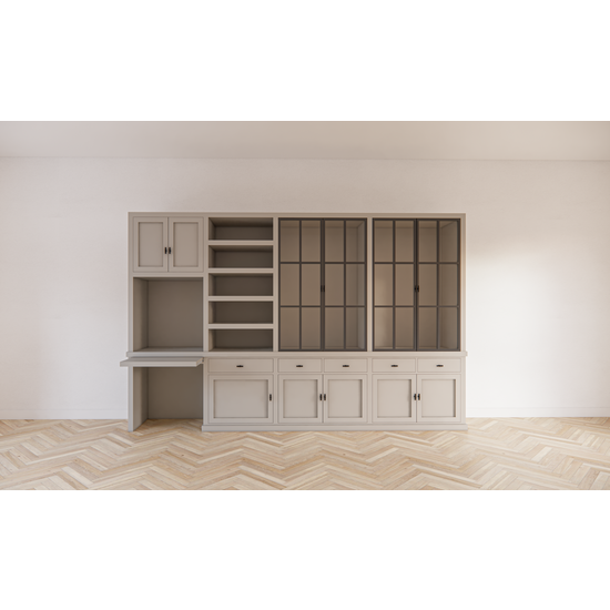 123schrank Schreibtisch-Sideboard Kansas - 340x50x220H cm - mit Stahltüren - Schreibtischfach mit ausziehbarem Fachboden - offenes Bücherregal