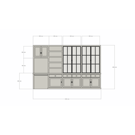 123schrank Schreibtisch-Sideboard Kansas - 340x50x220H cm - mit Stahltüren - Schreibtischfach mit ausziehbarem Fachboden - offenes Bücherregal