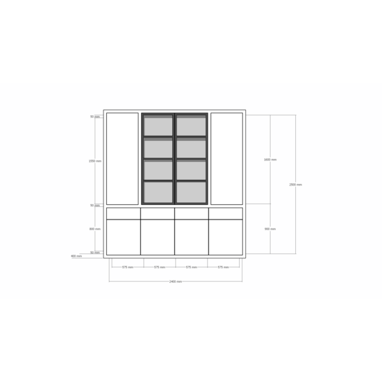 123schrank Milazzo Vitrine - 240x40x250H cm - push to open Türen - Glastüren aus Stahl - glatte Oberfläche